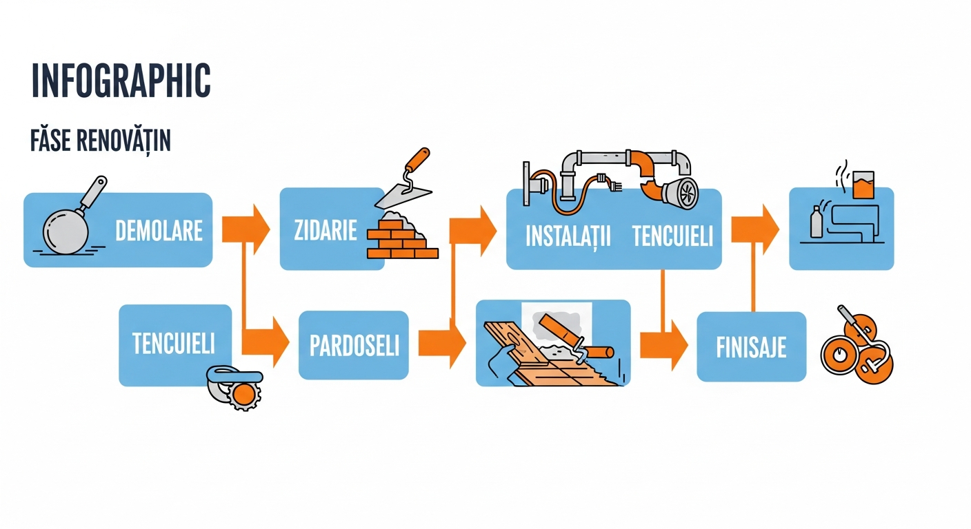 Infografic etapele renovarii unui apartament: demolare, zidarie, instalatii, tencuieli, pardoseli, finisaje