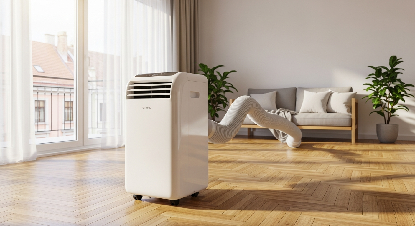 Aer conditionat portabil alb cu furtun de evacuare intr-un living luminos