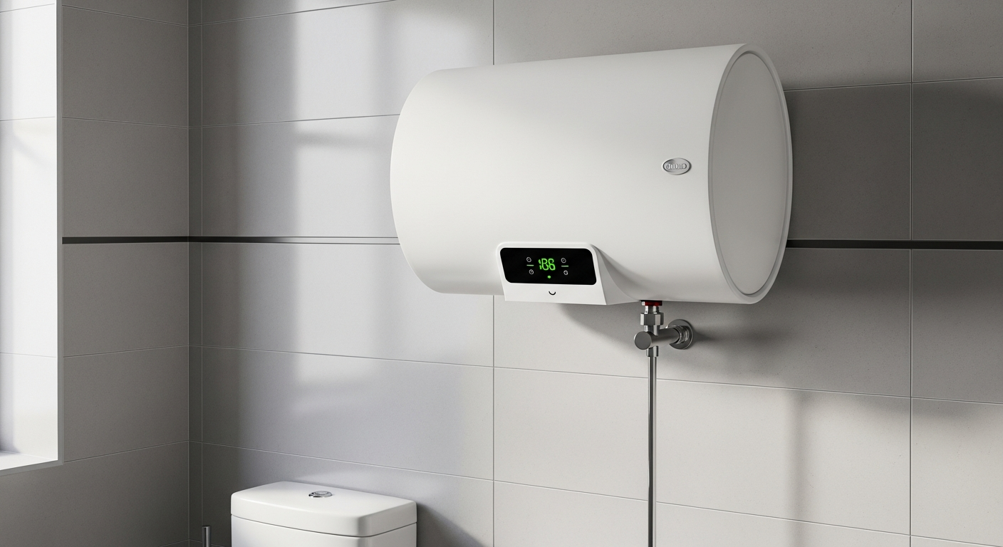Boiler electric alb montat pe peretele unei bai