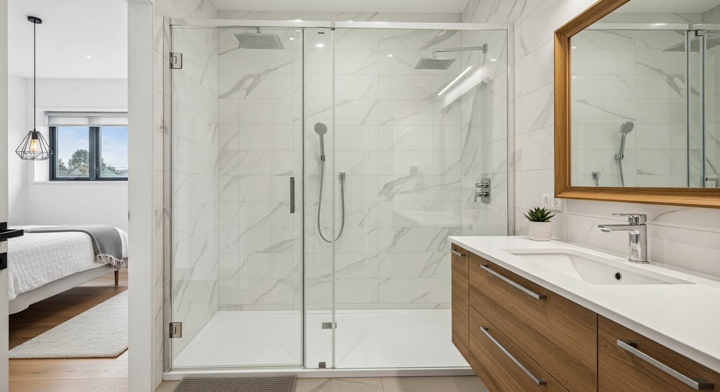 Cabina de dus walk-in din sticla intr-o baie moderna luminoasa