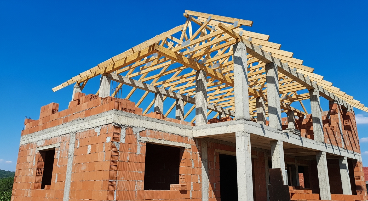 Casa la rosu in constructie cu pereti de caramida si sarpanta de lemn