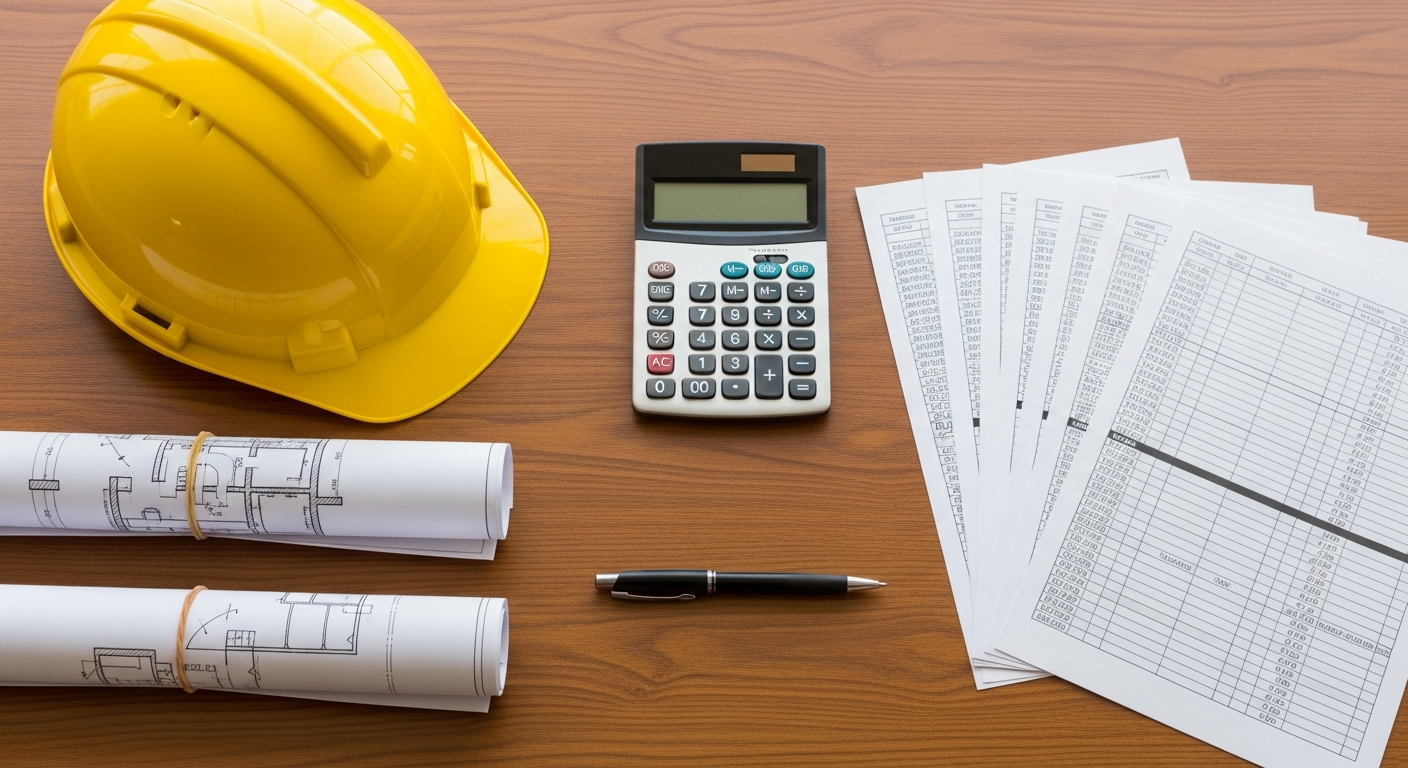 Deviz de constructii cu casca de protectie, calculator si planuri pe birou