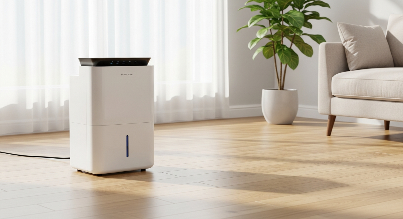 Dezumidificator alb modern intr-un living luminos