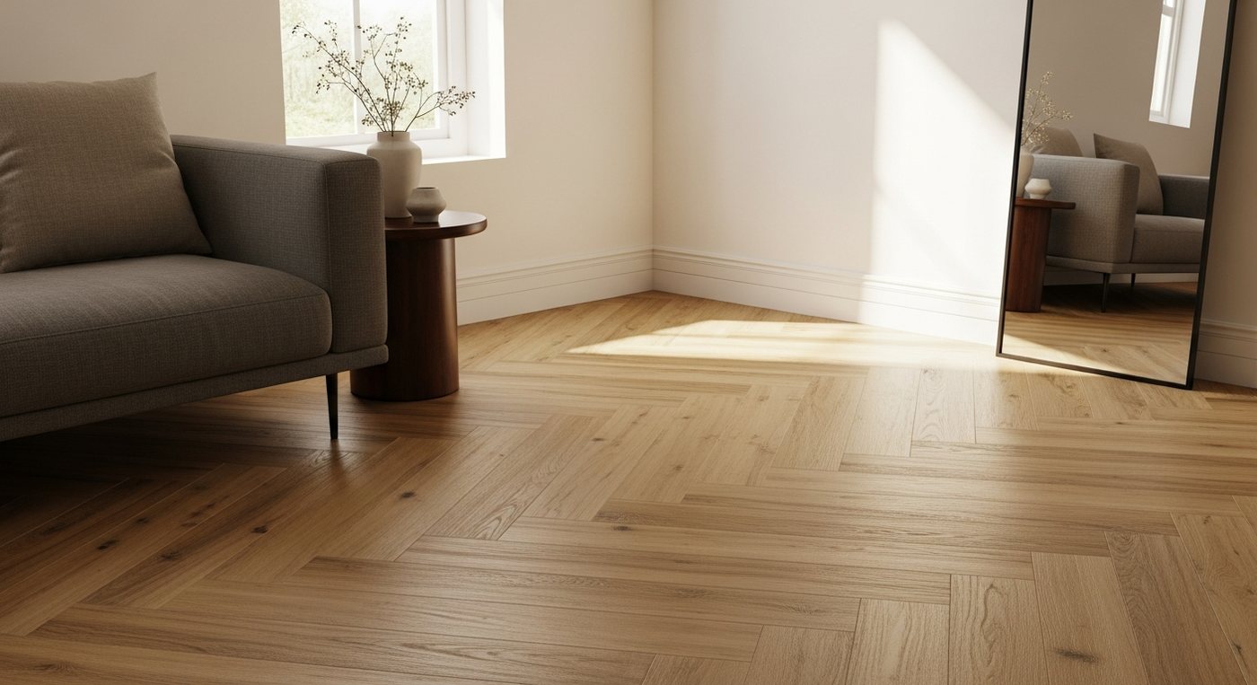 Gresie tip parchet intr-un living modern