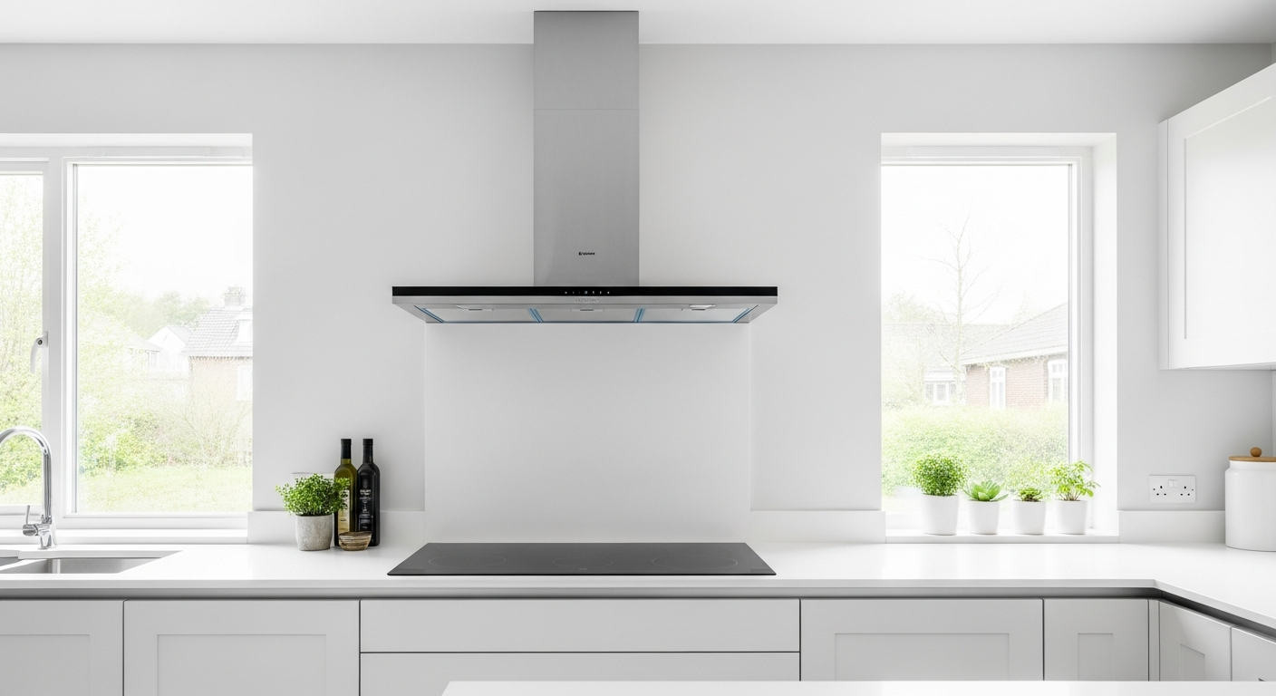 Hota decorativa din inox deasupra unei plite intr-o bucatarie moderna