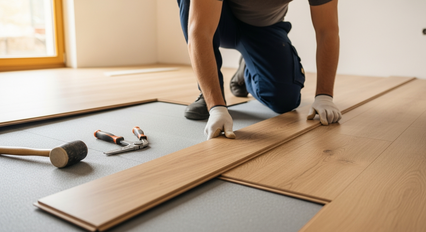 Montator instaland parchet laminat din stejar cu sistem click pe folie antifonara