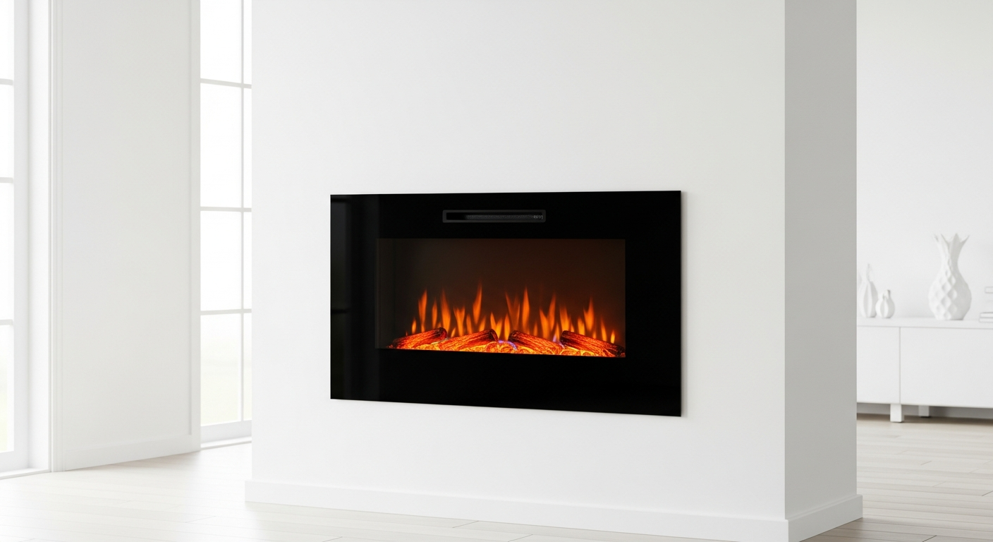 Semineu electric montat pe perete cu efect de flacara LED intr-un living