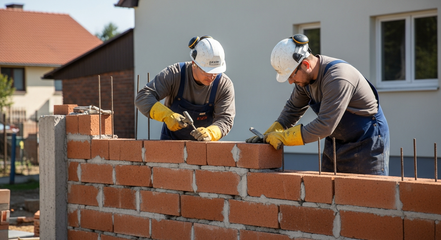 Zidari montand caramida cu mortar la constructia unui perete despartitor interior
